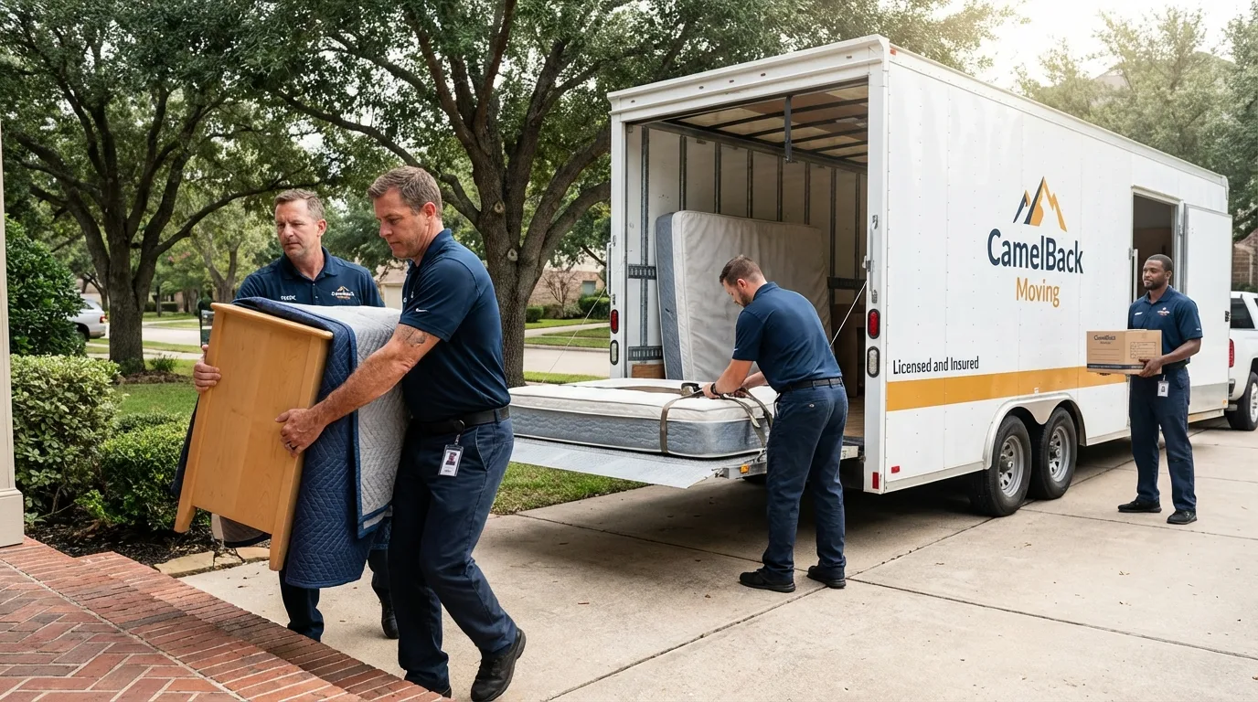 Crew loading residential truck for cross-state move from Danville, IL