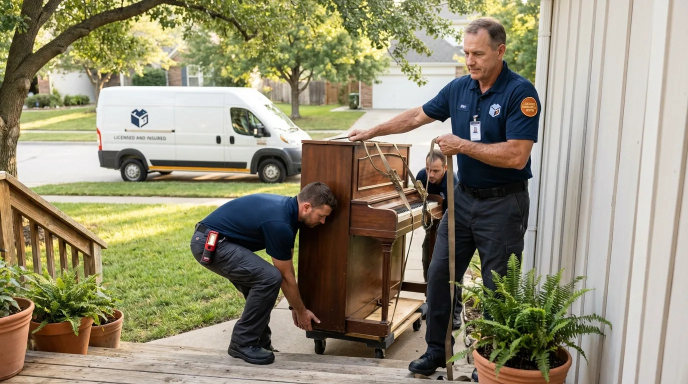 Licensed piano movers securing grand piano in Danville, IL