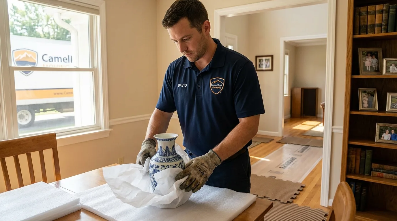 Professional crew carefully wrapping antique vase for senior downsizing move in Danville, IL